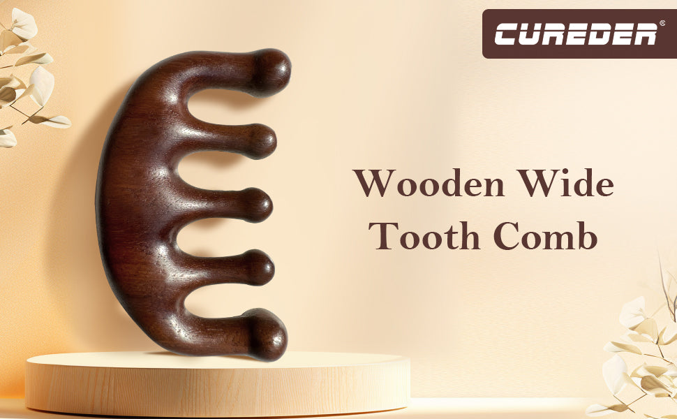 Wooden Massage Comb 100% Natural Handmade Pure wood Five-tooth Meridians Scalp Massager Comb No Static Wide Tooth Combs for Head Scalp Combs Meridians Scraping Massage Tool (Carving style)